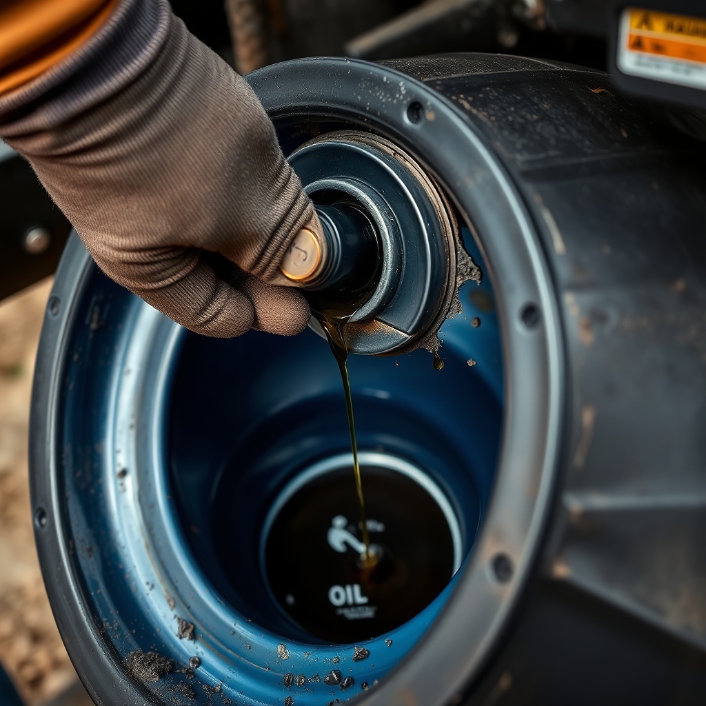 A close-up photorealistic photo showing a hand with a glove holding the drain plug from a