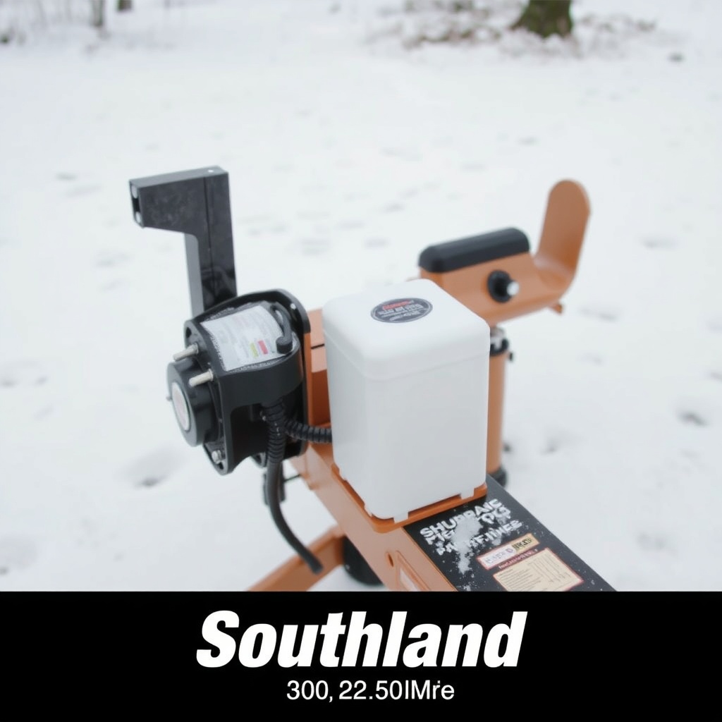<clean photorealistic photo of a Southland 22-Ton log splitter with a snow-covered ground